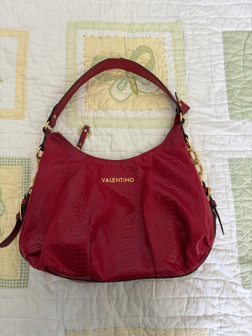 Valentino Burgundy Snake-Embossed Shoulder Bag with Gold Hardware
